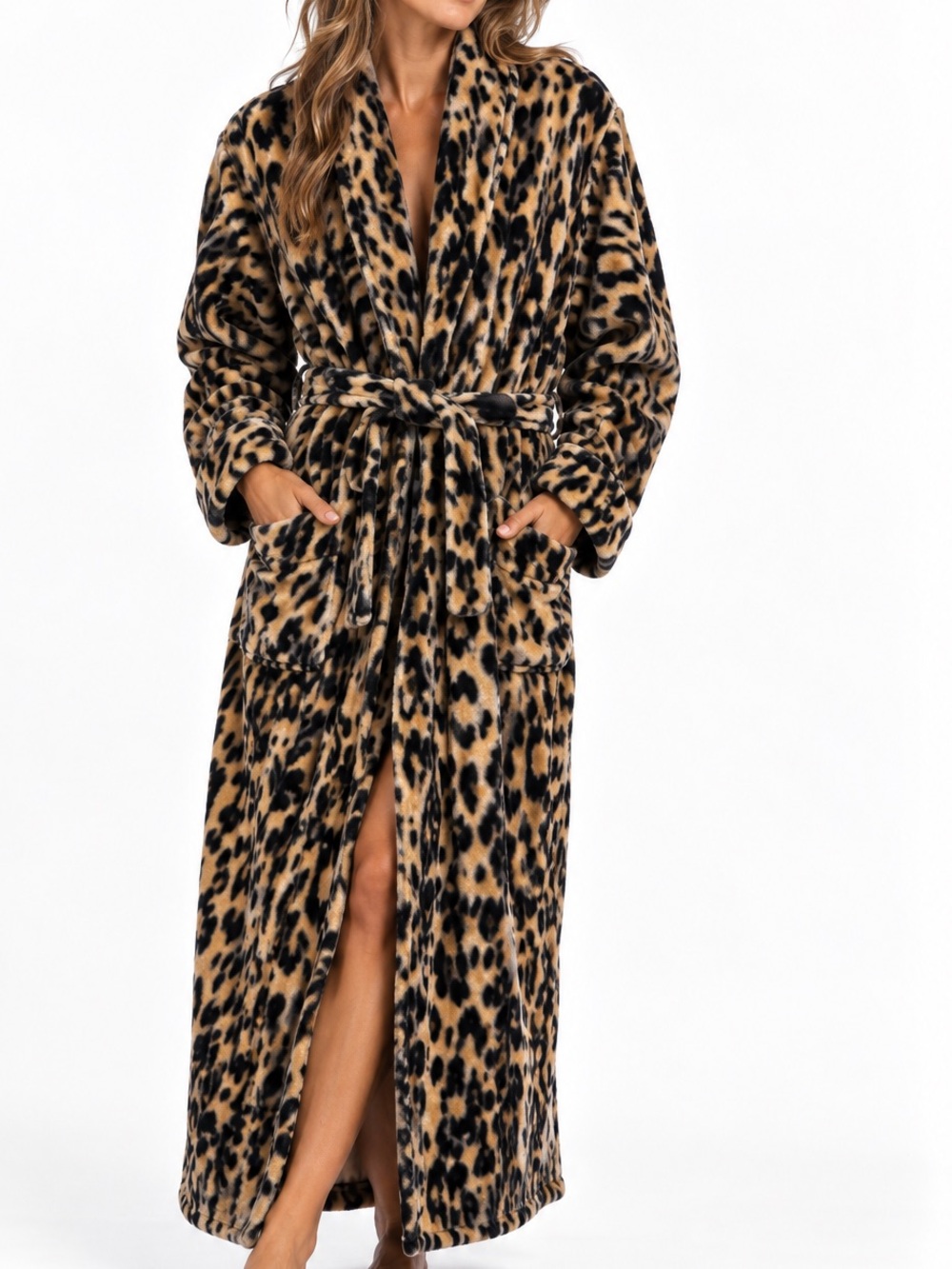 Soma Leopard Print Long Plush Belted Robe in Tan and Black Size XL